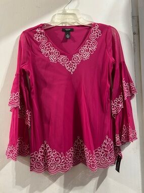 Alfani Hot Pink V-Neck Embroidered Bell Sleeve Blouse